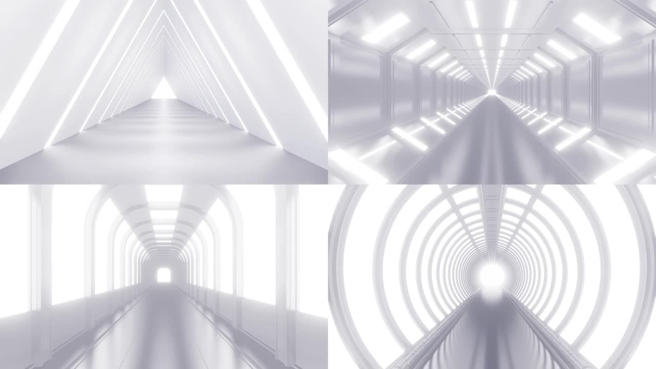 以各种形式的明亮灯光设置未来主义的空白色隧道。3d无缝循环动画。抽象的未来主义方形、三角形和圆形走廊。视频下载