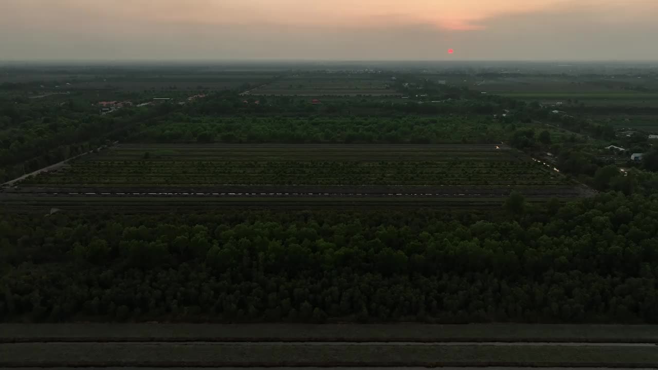 天江省的小运河和农场的日落视频下载
