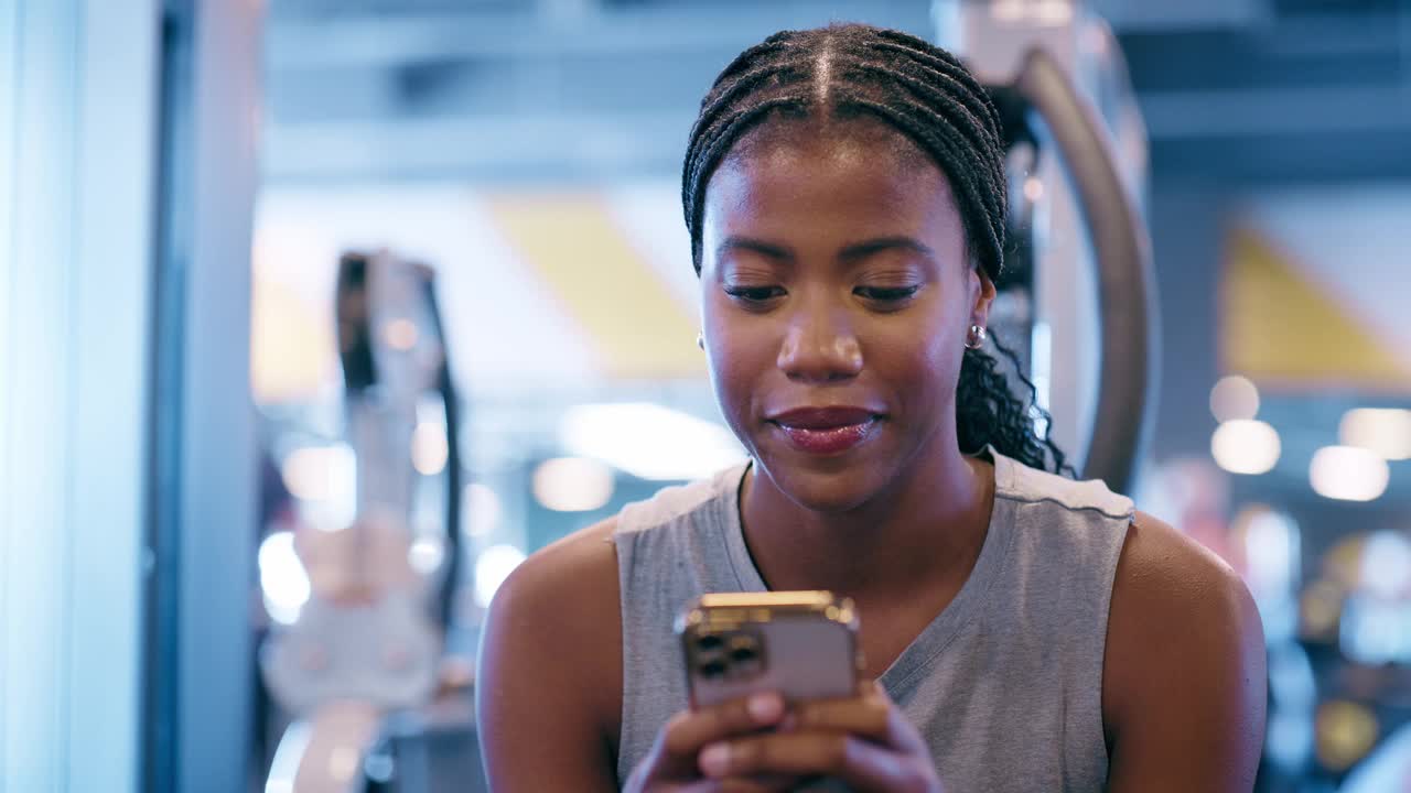 黑人女性，电话和快乐在健身房健身，短信，手机聊天和打字放松。非洲人，运动员，为有趣的通知、社交媒体表情包和锻炼休息而笑视频下载