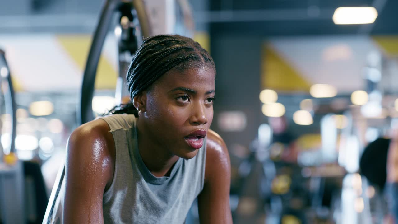 黑人女性，在健身房进行剧烈的有氧运动，锻炼或挑战，出汗和呼吸或锻炼疲劳。女性，在体育中心为健康表现进行训练和休息，疲劳或恢复力视频下载