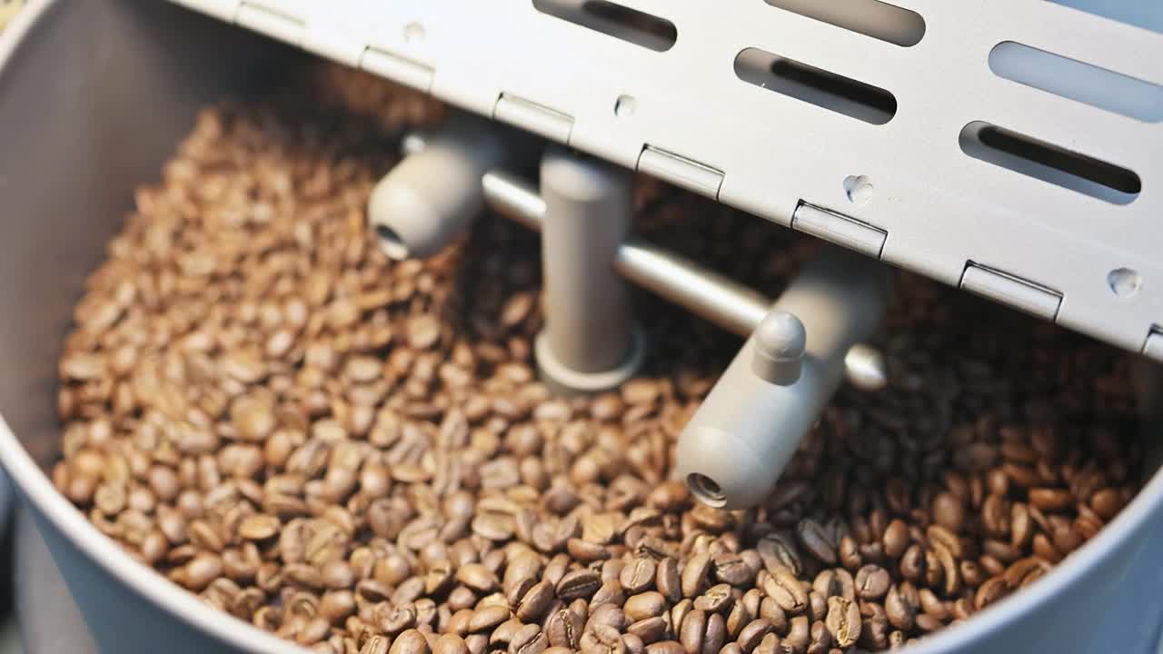 准备咖啡豆烘烤过程中的干燥机，用于混合咖啡原料烘烤咖啡豆视频下载