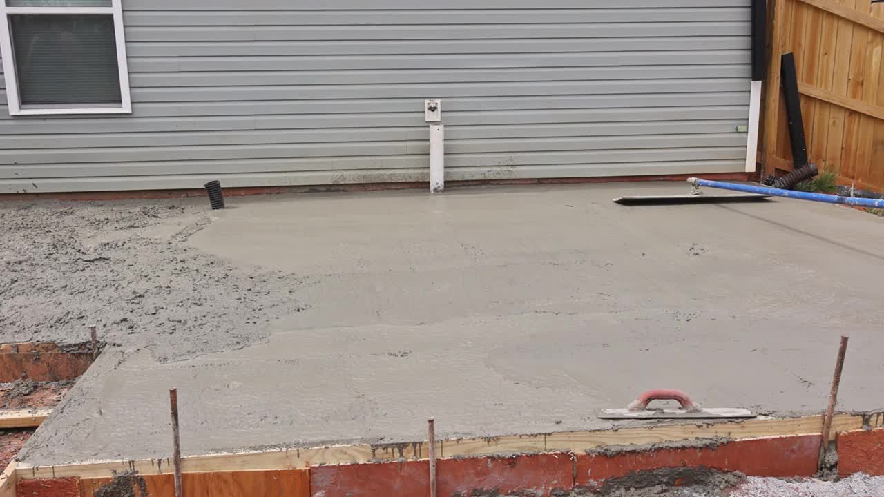为了平整潮湿的混凝土水泥基础砂浆，建筑工人使用特制的钢铲。视频下载