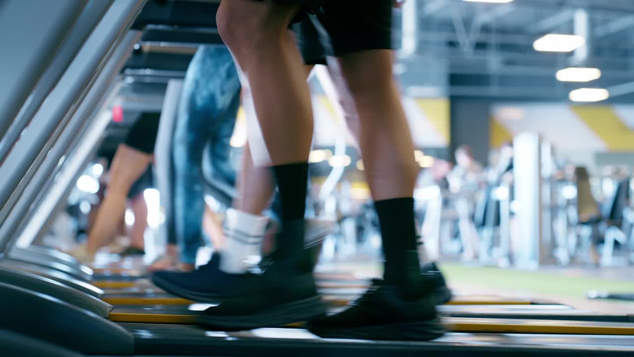 人、鞋和在健身房的跑步机上行走进行有氧运动或锻炼、训练或锻炼。人，脚和机器设备在体育中心与马拉松练习，速度或表现视频下载