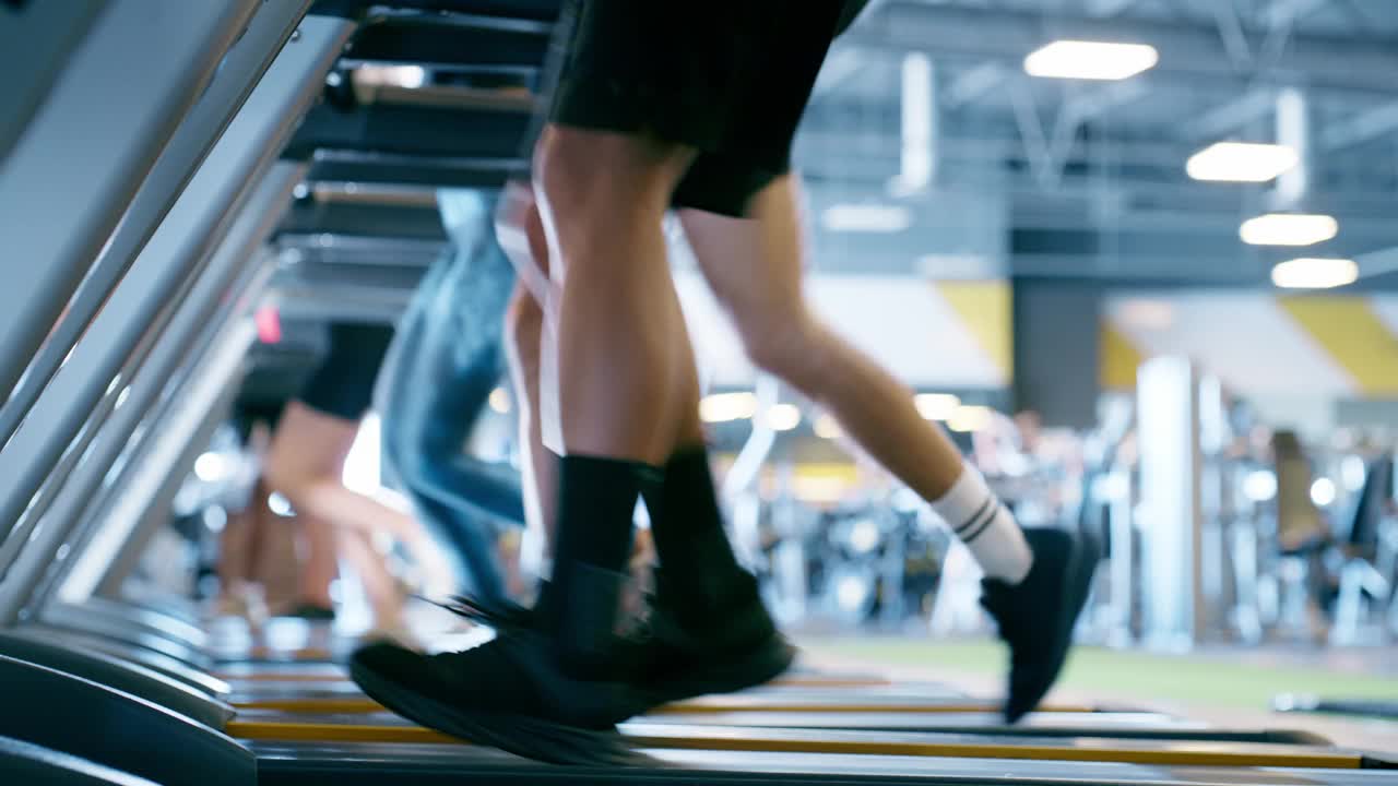 人、鞋和跑步机在健身房进行有氧运动或马拉松练习、耐力或训练。腿，运动员和机器的速度在健身中心的挑战，进步或快视频下载