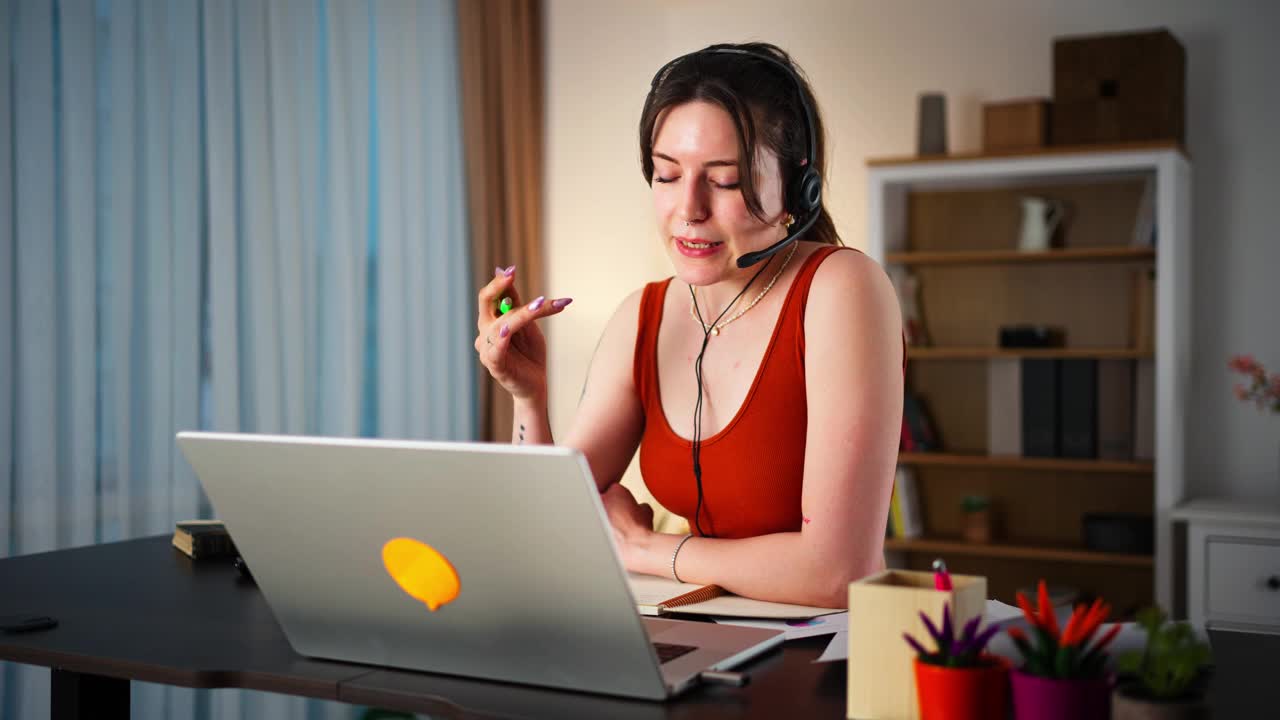 年轻女子在家庭办公室使用耳机和笔记本电脑视频下载