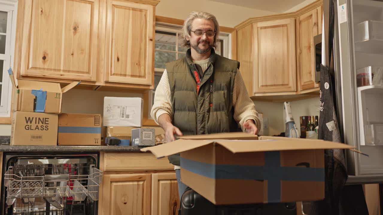 搬迁包装盒:成熟男人在厨房的行李箱上打包东西视频下载