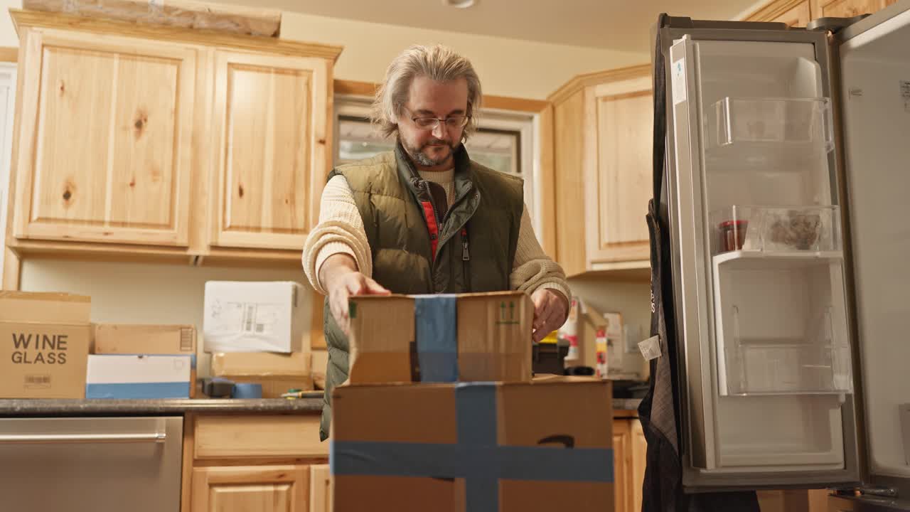 搬迁过程:一个戴着眼镜的成熟男子在搬家过程中在新厨房的纸板箱上剪下胶带，拆下厨具和物品。视频下载