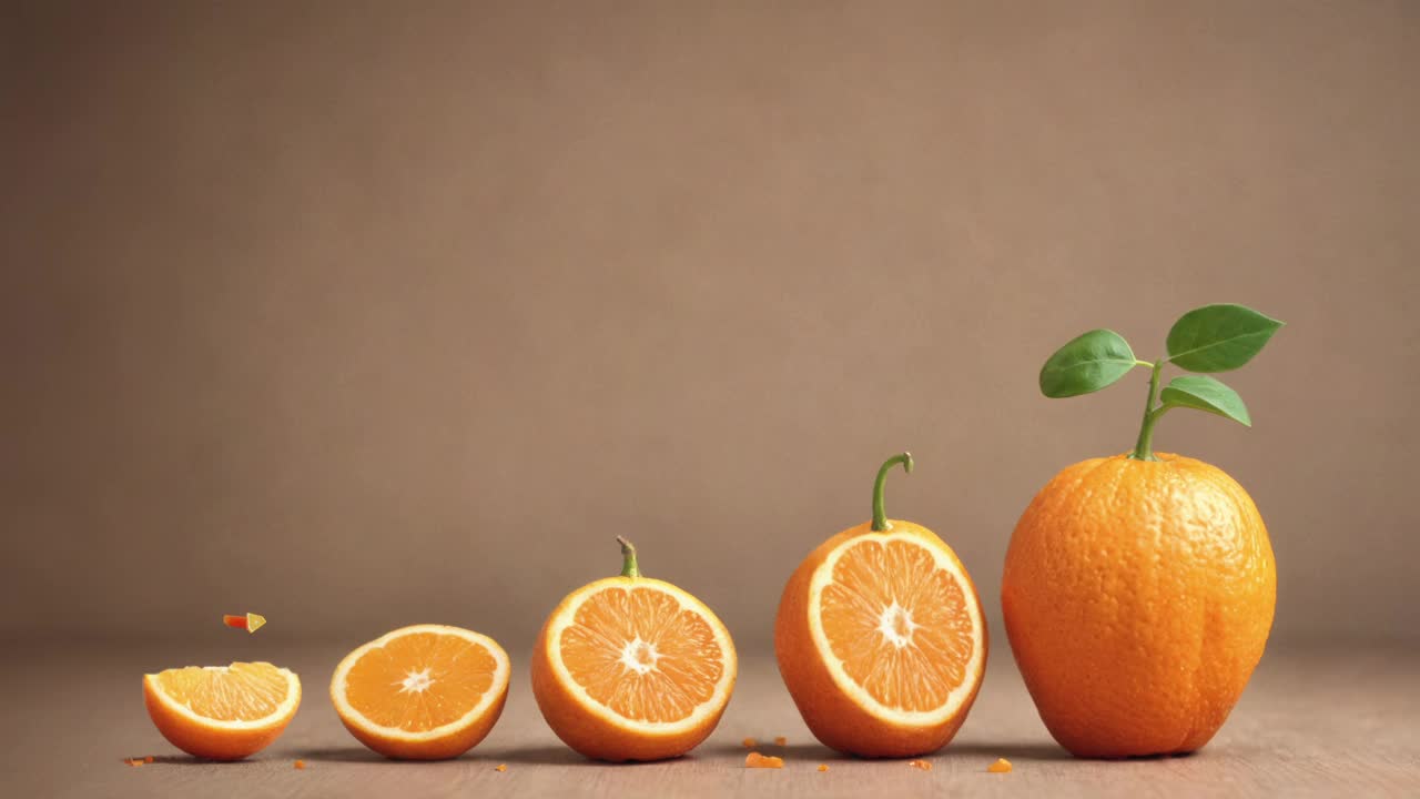 增加图形和箭头上的橘子水果片股票板- 4K分辨率视频下载