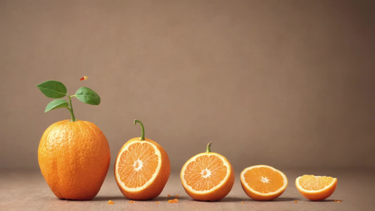 橙色水果片股票板上的递减图和箭头- 4K分辨率视频下载