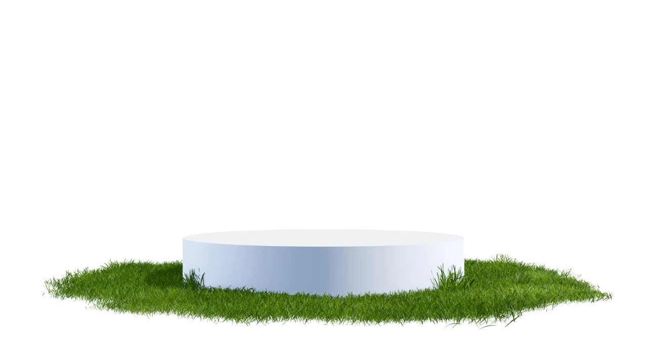 白色圆形展台、讲台或基座表面覆盖着白色背景上旋转的绿草。现实的自然元素的展示设计。明亮的3d动画。视频下载