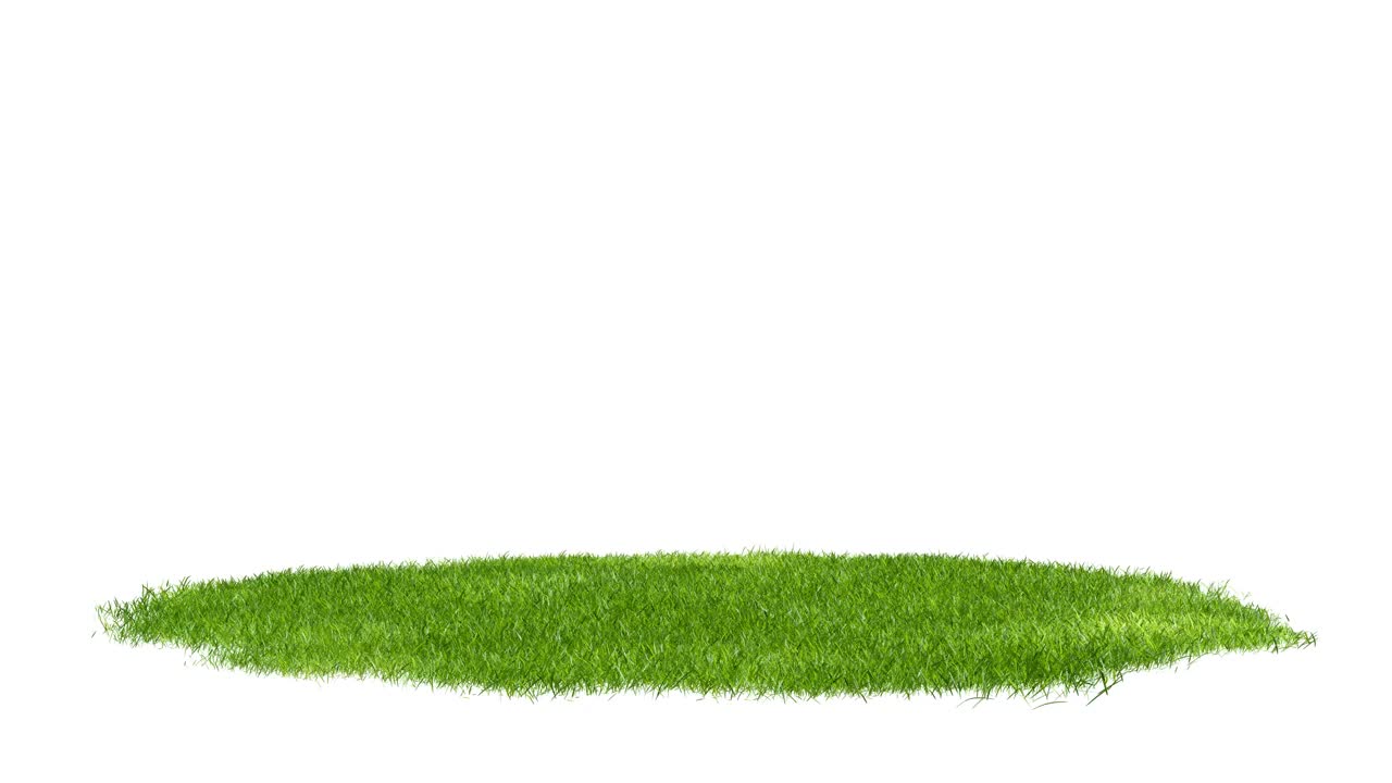 圆形表面覆盖着白色背景上的绿草旋转。现实的自然元素的展示设计。明亮的3d动画。视频下载