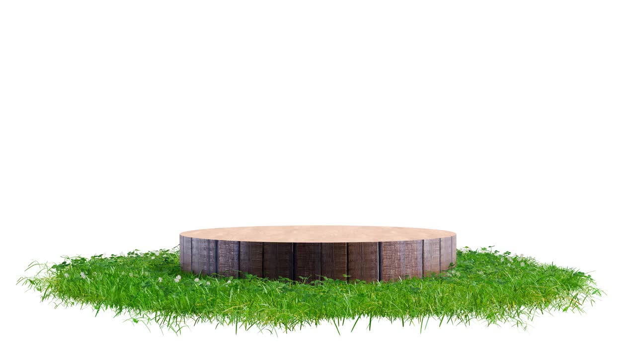 木质圆形展台、讲台或基座表面覆盖着白色背景上旋转的绿草。现实的自然元素的展示设计。明亮的3d动画。视频下载