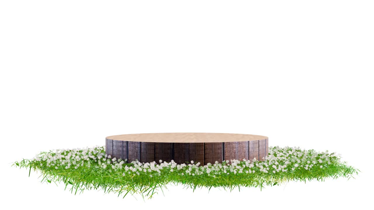 木质圆形展台、讲台或基座表面覆盖着白色背景上旋转的绿草和鲜花。现实的自然元素的展示设计。明亮的3d动画。视频下载