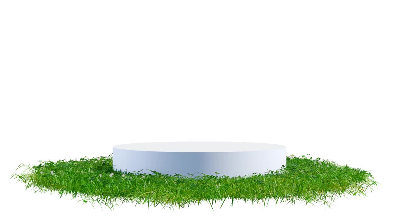 白色圆形展台、讲台或基座表面覆盖着白色背景上旋转的绿草和鲜花。现实的自然元素的展示设计。明亮的3d动画。视频下载