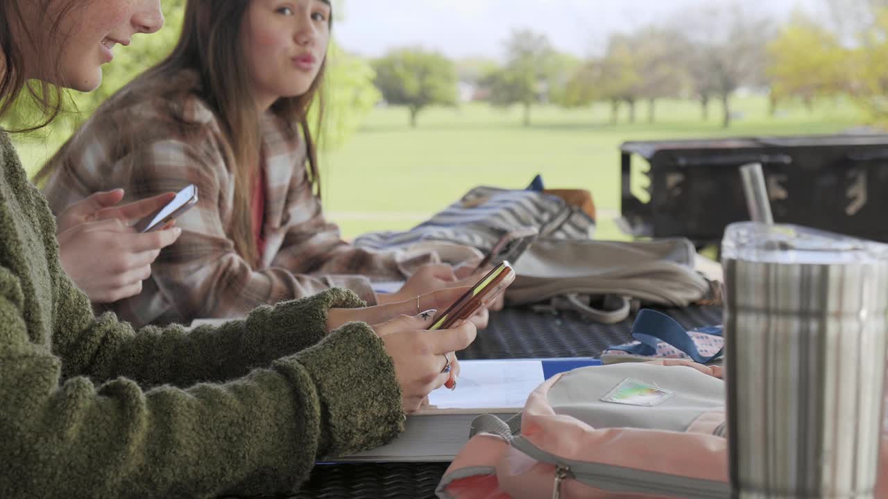 少女们在公园里一起学习前玩手机视频下载