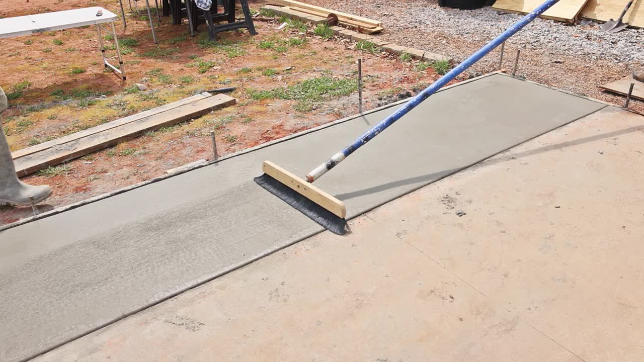 建筑工人用扫帚刷洗新浇筑的混凝土视频下载