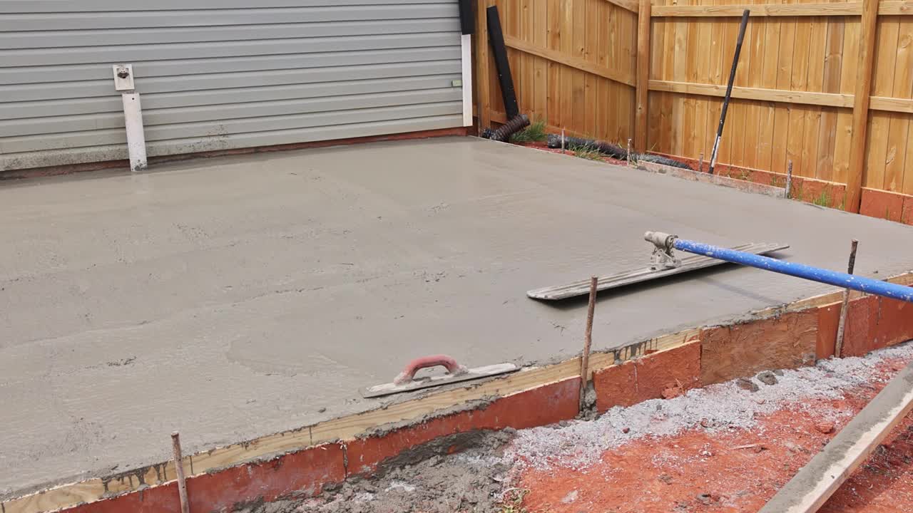 湿混凝土水泥基础砂浆由建筑工人用特制的钢铲平整。视频下载