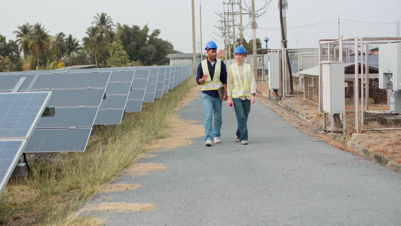 两名身穿黄色背心的男子走在一排太阳能电池板旁边的小路上视频下载