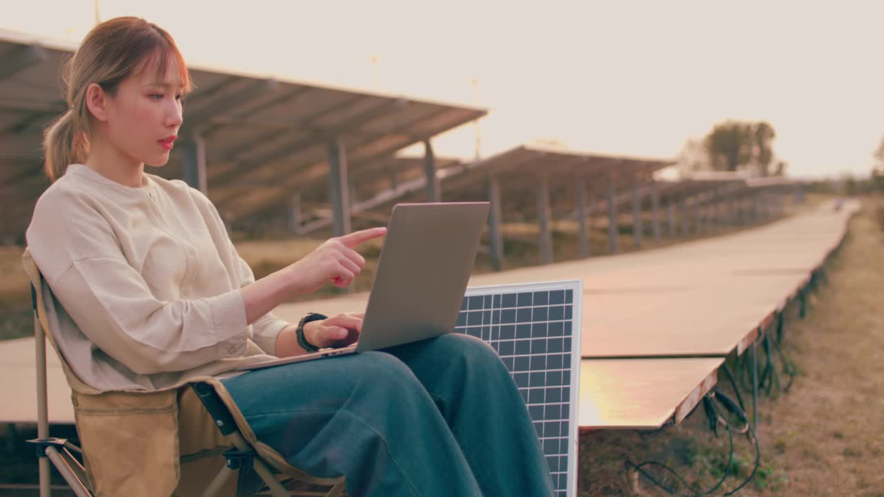 一个女人坐在椅子上，指着一台笔记本电脑。笔记本电脑是打开的，女人正看着它。场景设置在一个太阳能电池板为背景的田地里。场景平静而专注视频下载