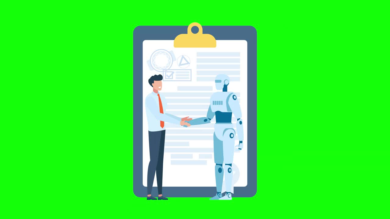 人和机器人在文件背景上握手。一个人和机器人握手。Cyberhuman友谊。人与人工智能的协议。2d动画。阿尔法通道视频下载