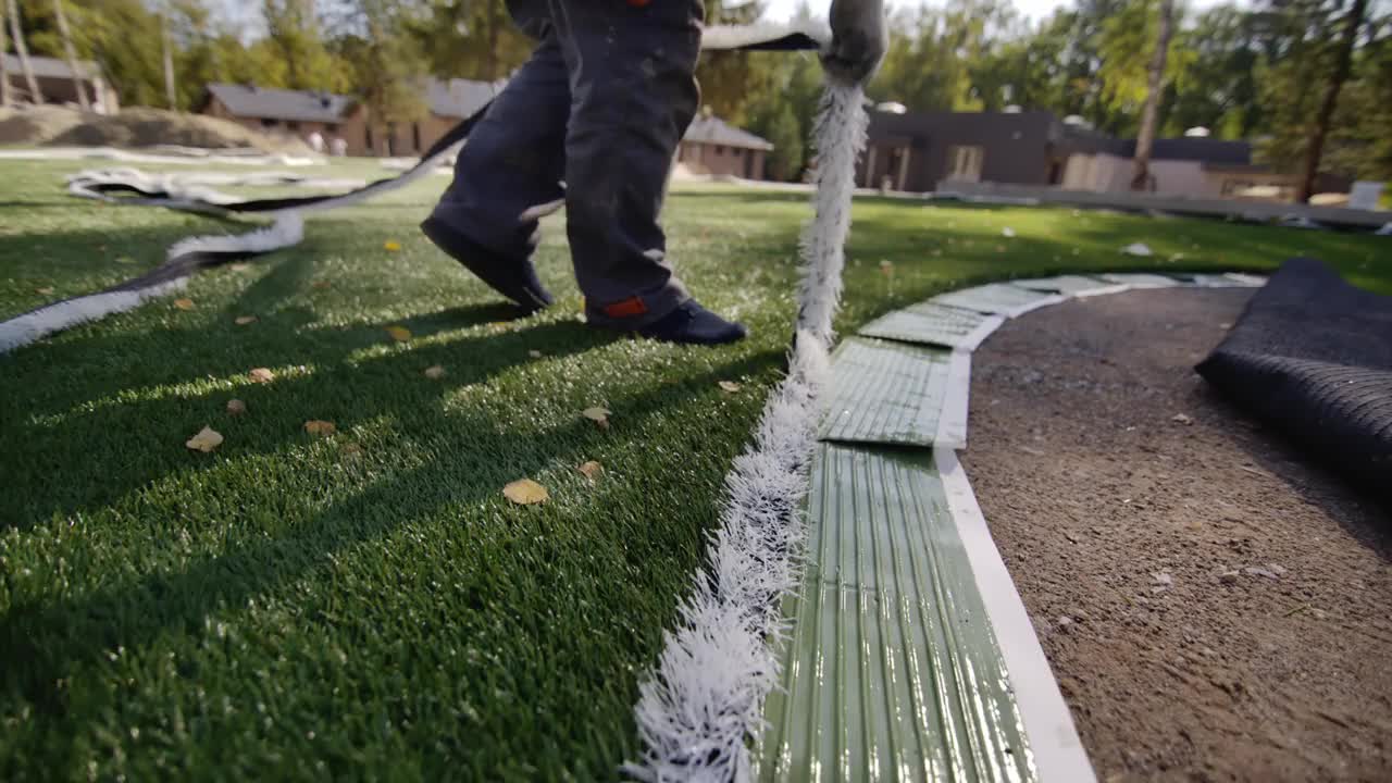 一名戴手套的工人在郊区安装足球场地面视频下载