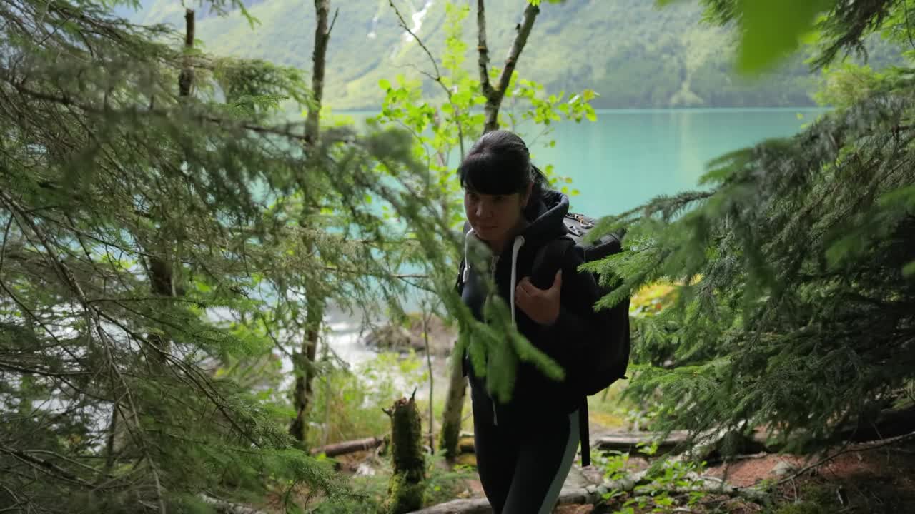 徒步旅行的女人背着徒步背包走在春天的绿色森林里视频下载
