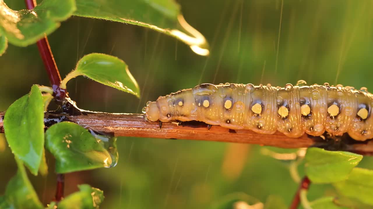 雨中，床草鹰蛾在树枝上爬行。毛虫(Hyles gallii)床草鹰蛾或镓狮身人面像，是一种蛾科。视频下载