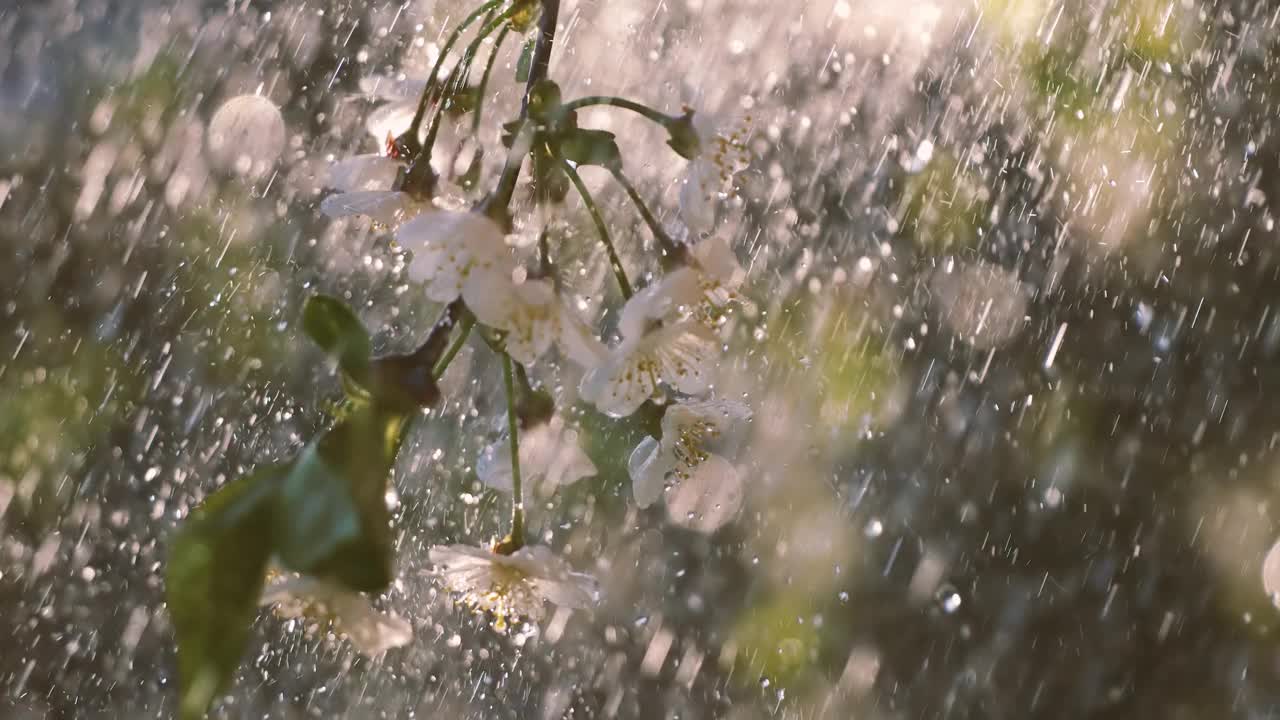 樱花盛开时期。几滴春雨落在一朵樱花上。用1000帧/秒的慢镜头拍摄。视频下载