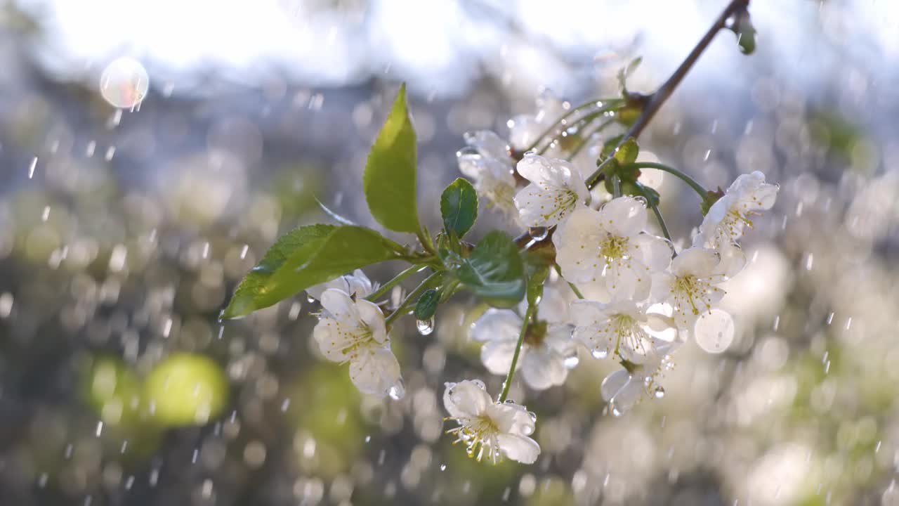 樱花盛开时期。几滴春雨落在一朵樱花上。用1000帧/秒的慢镜头拍摄。视频下载