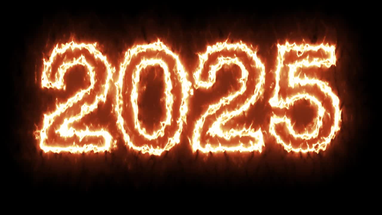 新年快乐2025，火焰火焰燃烧文字黑色背景，圣诞节，倒计时，日历，周年纪念视频下载