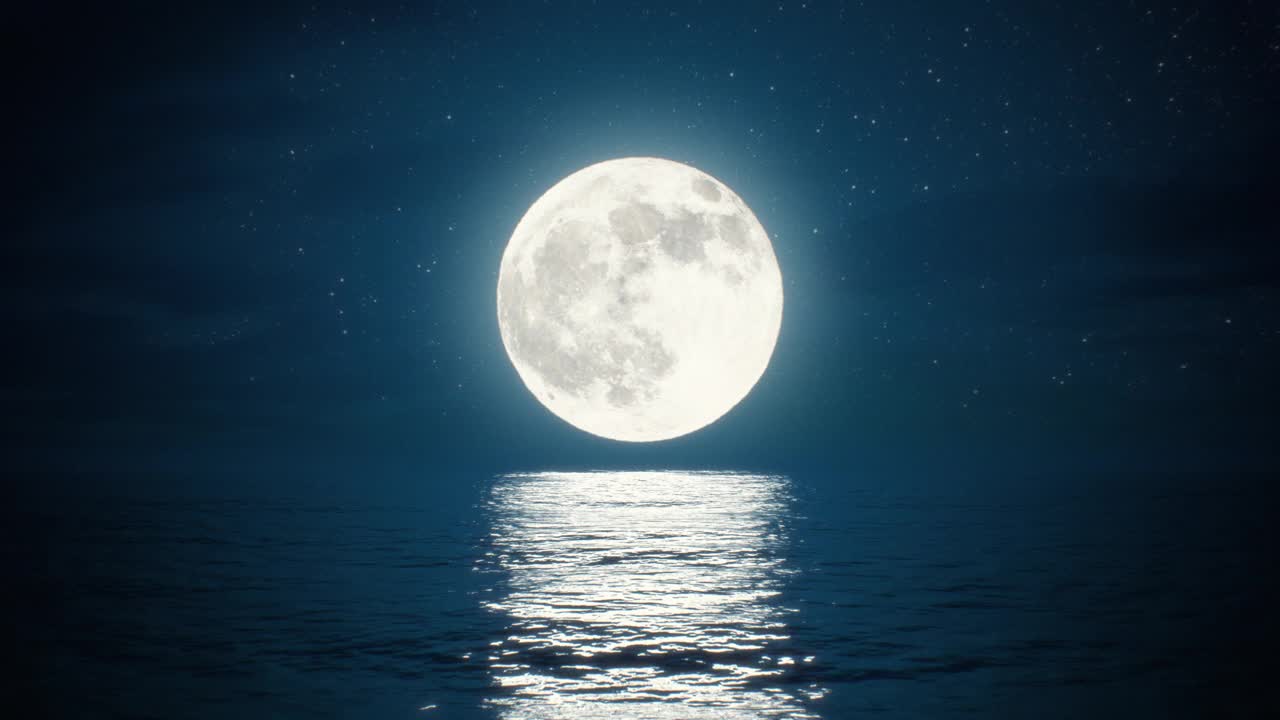 美丽的清晰的满月在海浪上的循环3d动画缩放效果。大明亮近月在温暖的空气扭曲水面上挥舞无缝反射。视频下载
