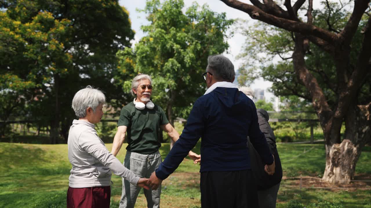 一群健康快乐的老年男女在大自然中锻炼视频下载