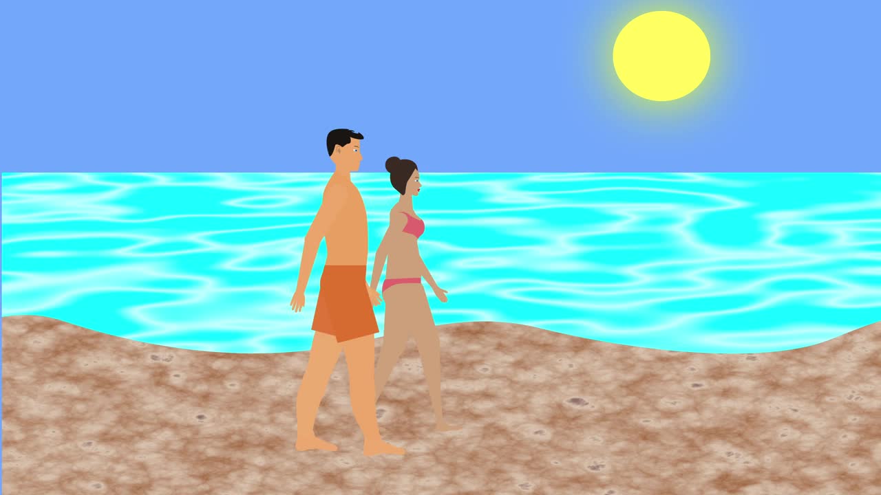 情侣在沙滩上散步，卡通动画视频下载