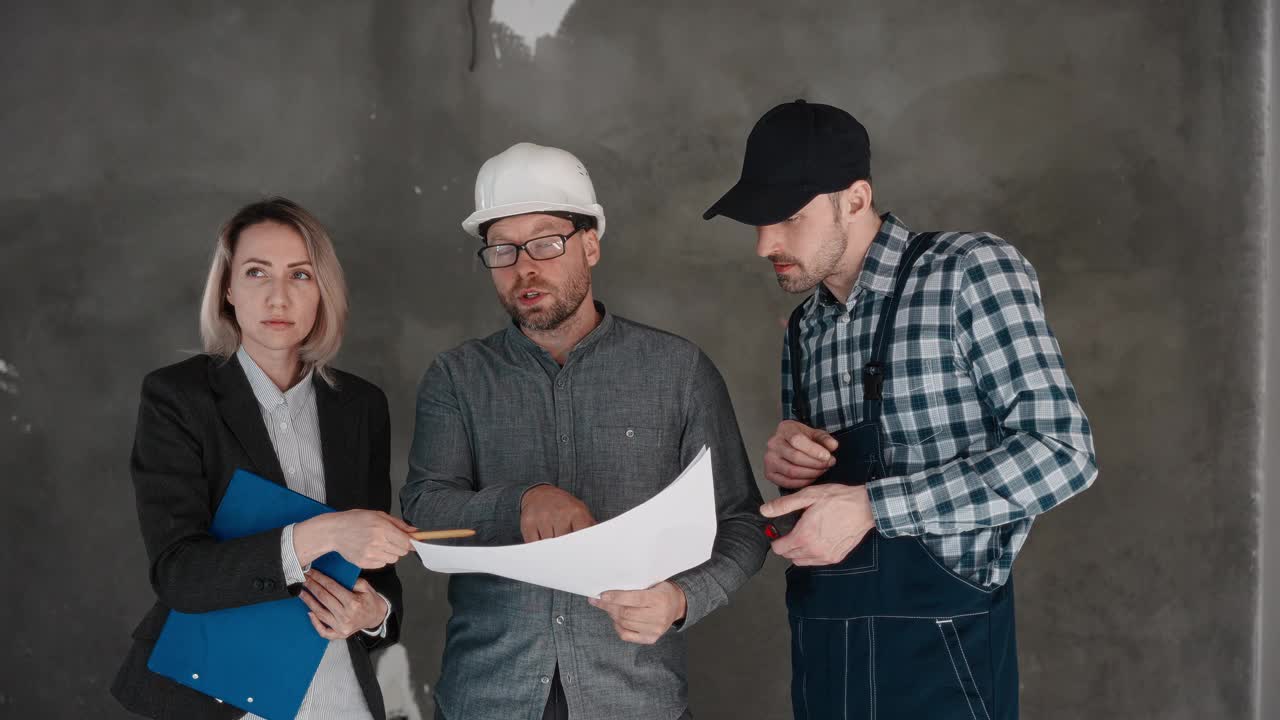 在建筑工地开会。一位工程师、一位建筑工人和一位女建筑师正在讨论新房子的设计。建筑专业人员在工作视频下载