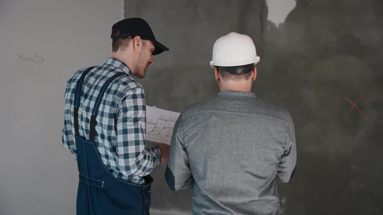 两个建筑工人在一个房间里审阅建筑蓝图视频下载