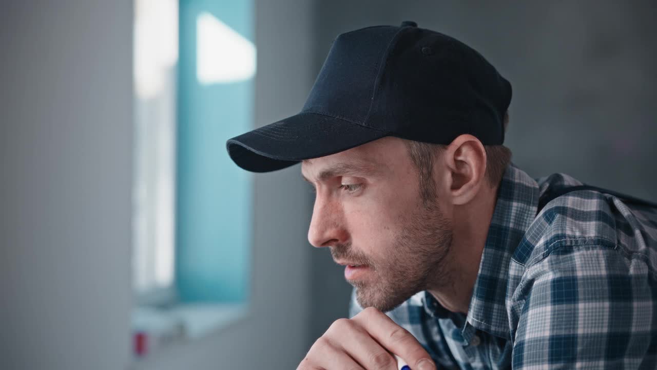 一个头戴蓝色电帽、身穿格子衬衫的男人坐在笔记本电脑前视频下载