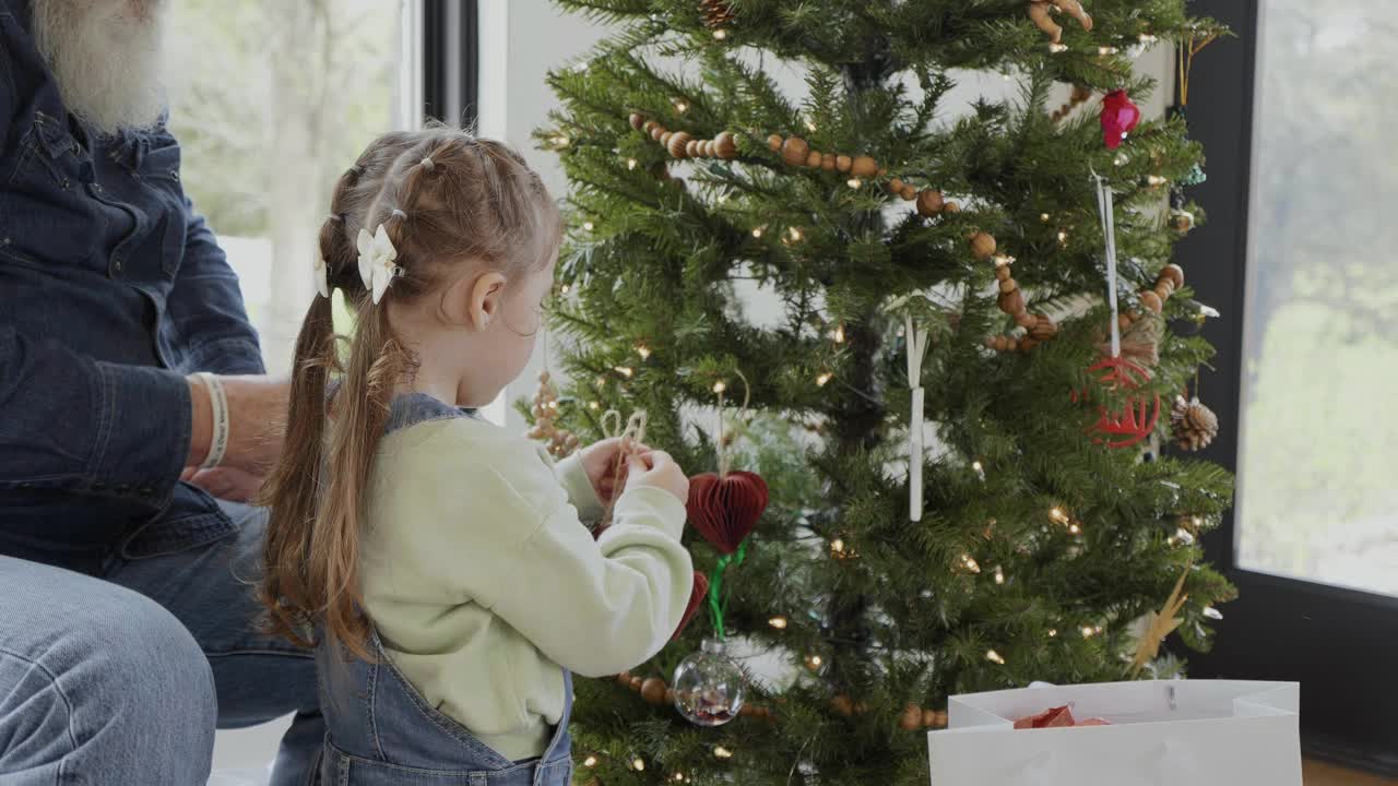 小女孩和爷爷一起装饰圣诞树视频下载