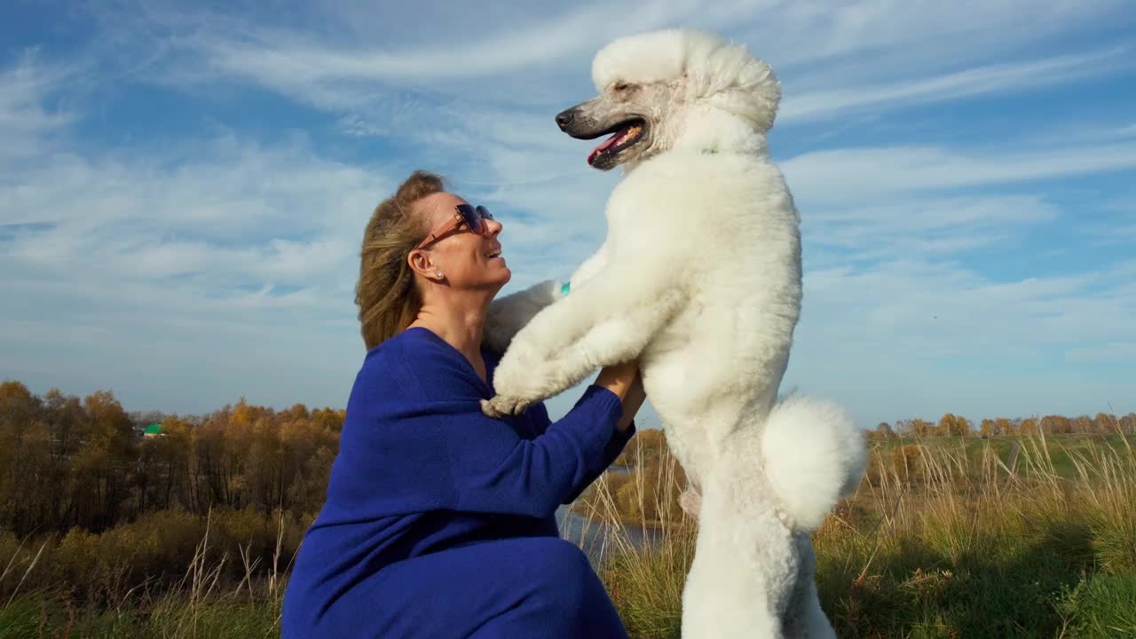 一位女士在河边拥抱她的狗。主人在大自然中遛狗视频下载