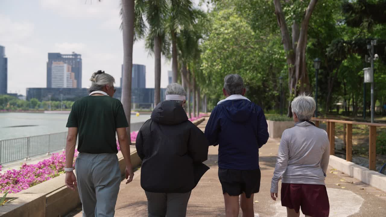 一群亚洲老人在公园运动后放松。视频下载