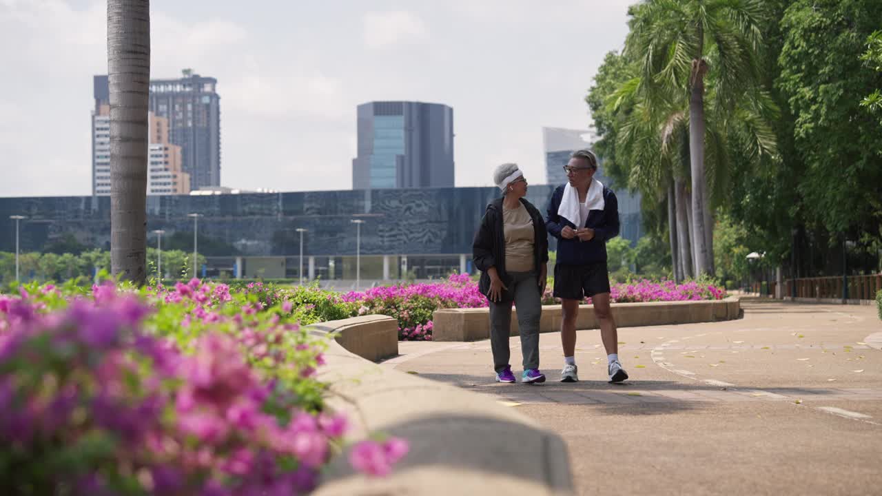 一对老年夫妇早上在公园散步锻炼。视频下载