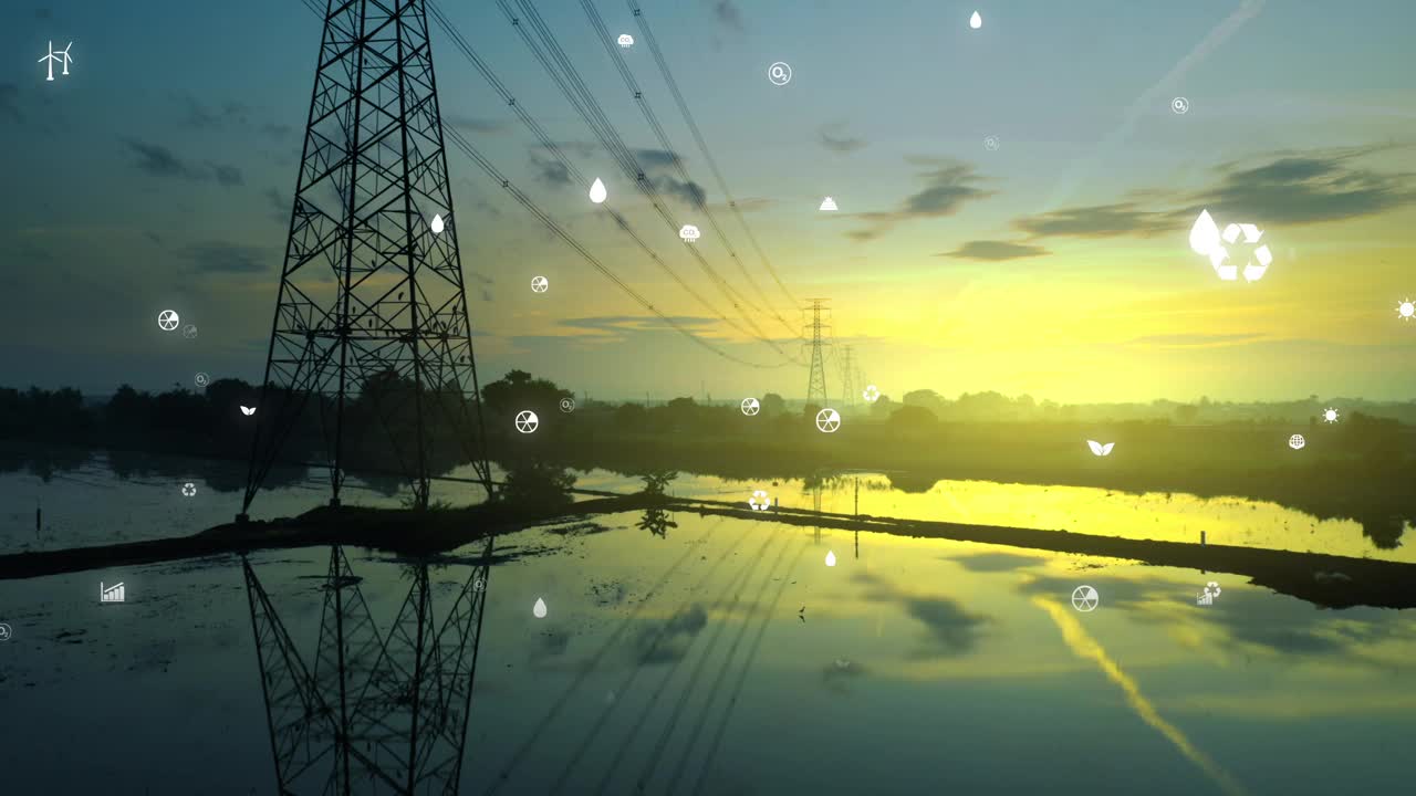 夕阳下的可持续能源电力塔视频下载