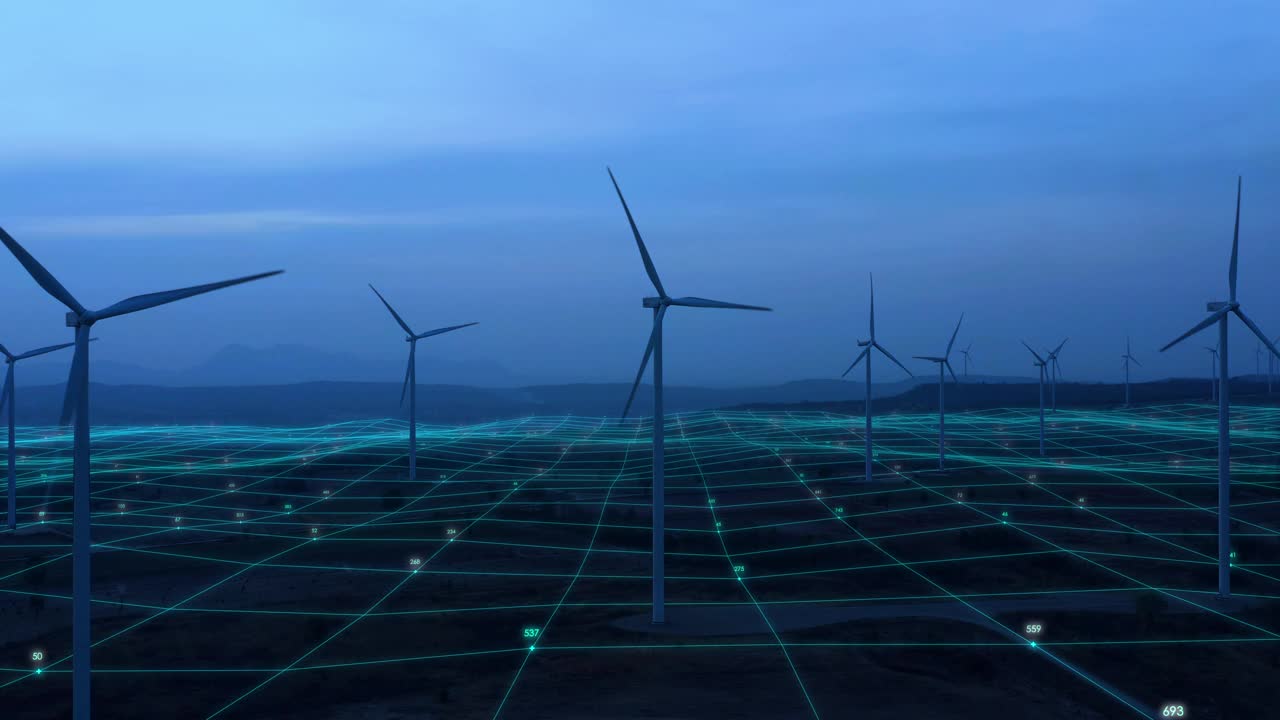 风力发电机产生清洁生态电力的鸟瞰图视频下载