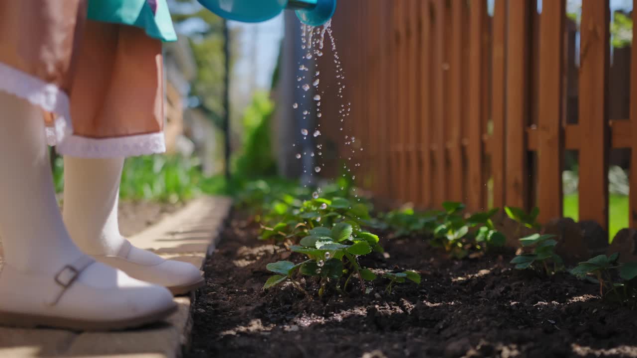 小女孩们在花园里拿着水壶。阳光明媚的夏日，孩子在后院帮助父母。视频下载
