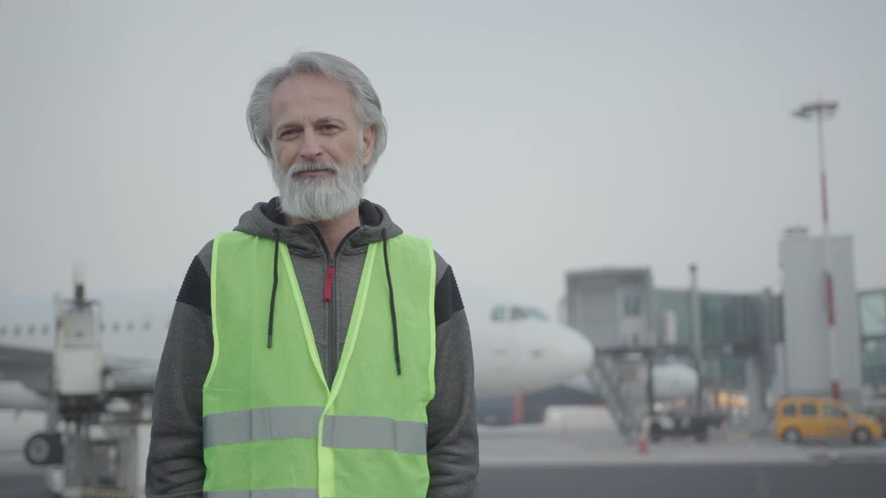 站在飞机前的机场地勤人员视频下载