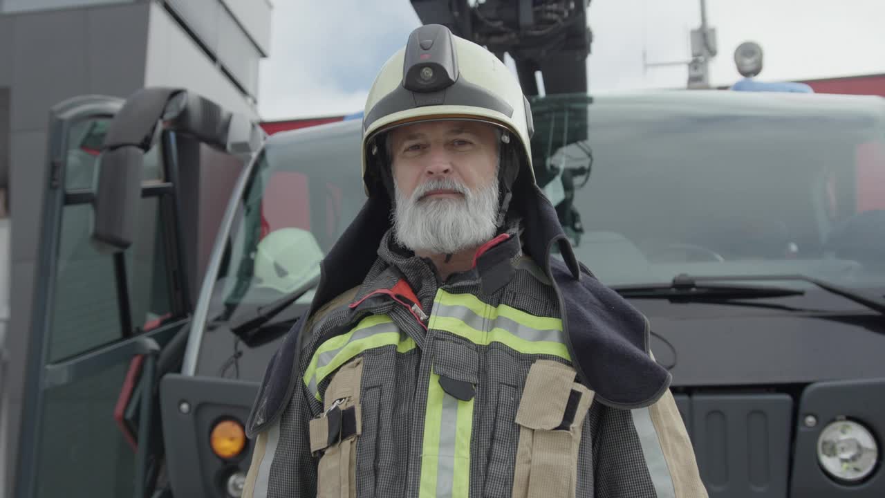 一个自信的高级消防员在机场的肖像视频下载