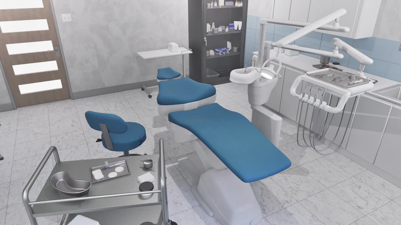 牙医诊所内部与空牙科椅3D动画视频下载