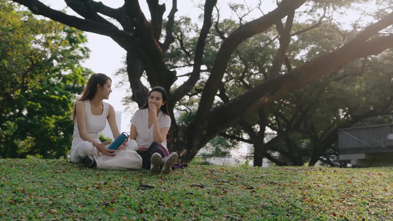 朋友们在公园里欢笑。两个亚洲女人坐在公园的树下谈笑风生。视频下载