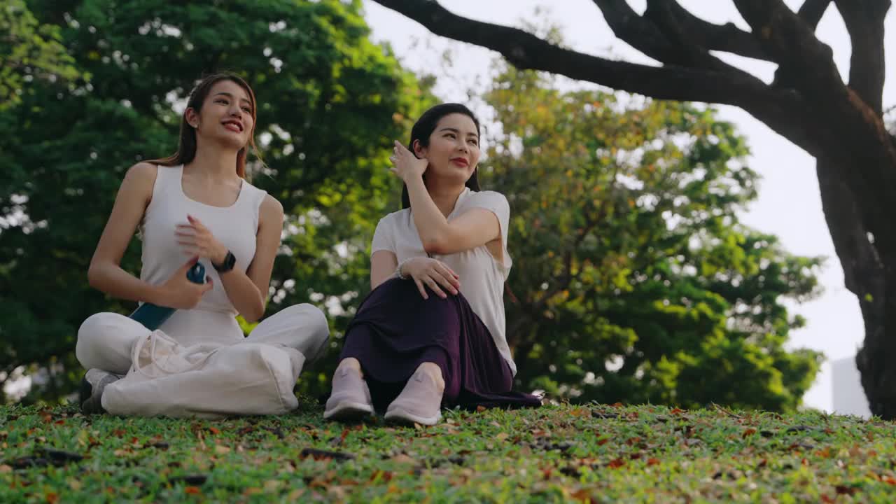 朋友们在公园里欢笑。两个亚洲女人坐在公园的树下谈笑风生。视频下载