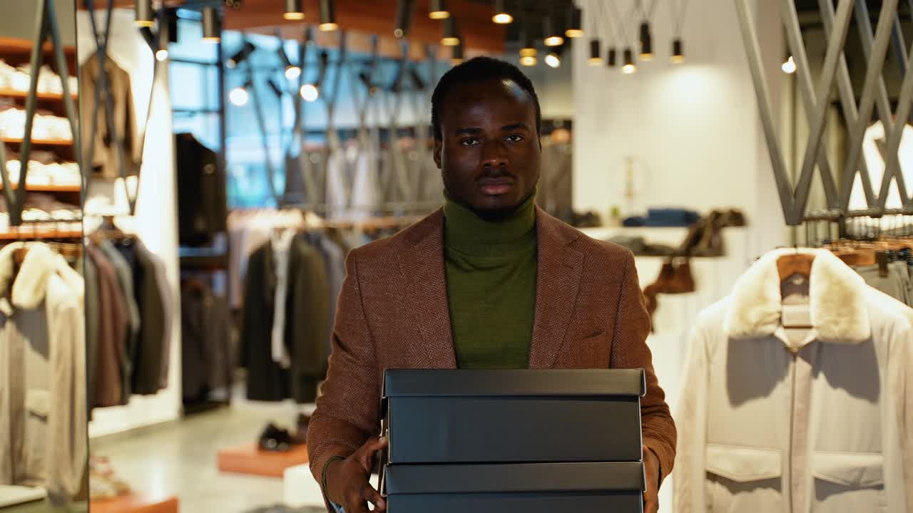英俊的黑人男子在店里买鞋的画像视频下载