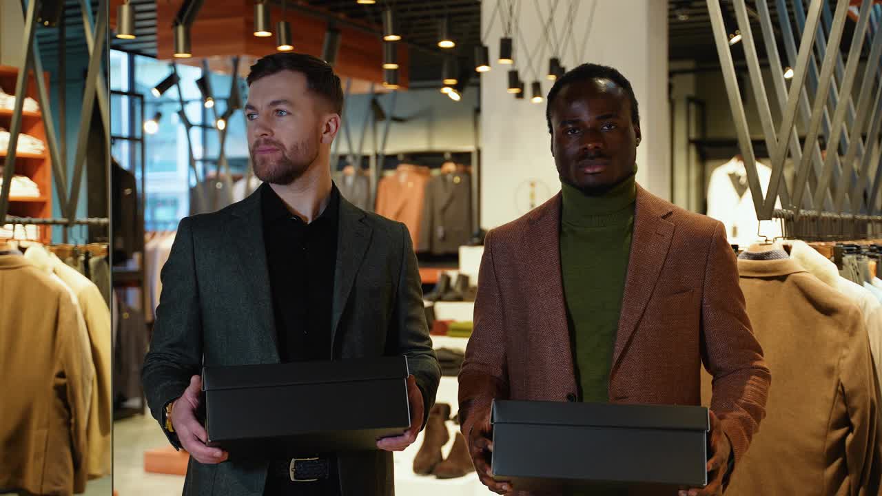 两个自信的不同的男人拿着鞋盒在服装店视频下载